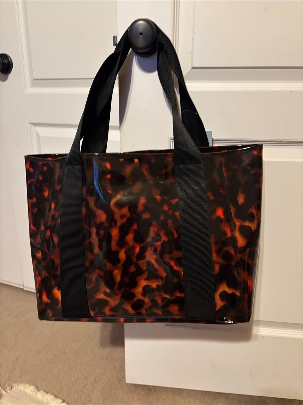 Tortoiseshell Pattern Clear Tote Bag with Black Straps